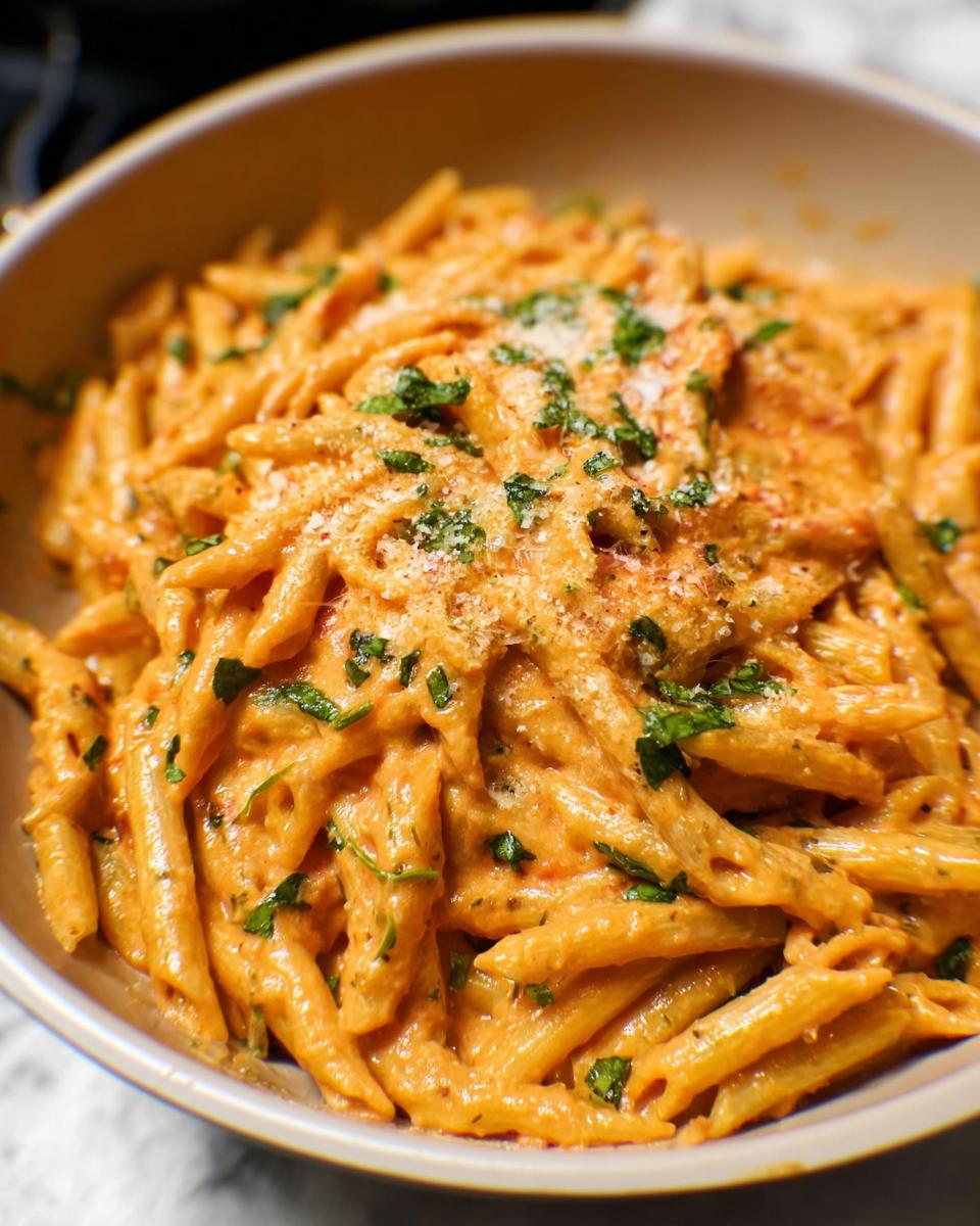 Close-up of creamy tomato basil pasta in a bowl, garnished with fresh parsley and grated cheese.