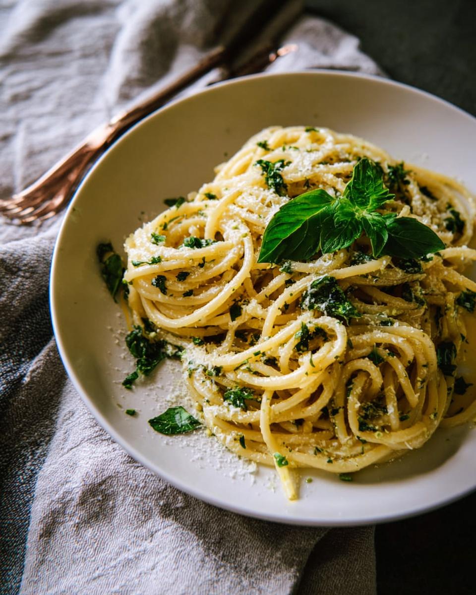 A close-up of a white plate filled with spaghetti tossed in a fresh herb sauce and topped with grated cheese and basil leaves.