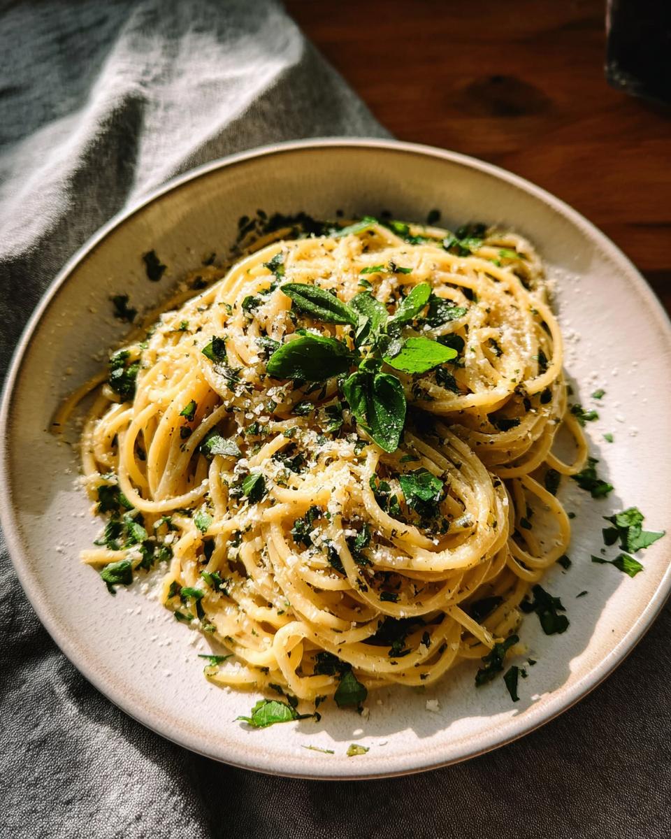 A close-up of a plate of spaghetti tossed with fresh herbs like basil and parsley, and grated cheese.