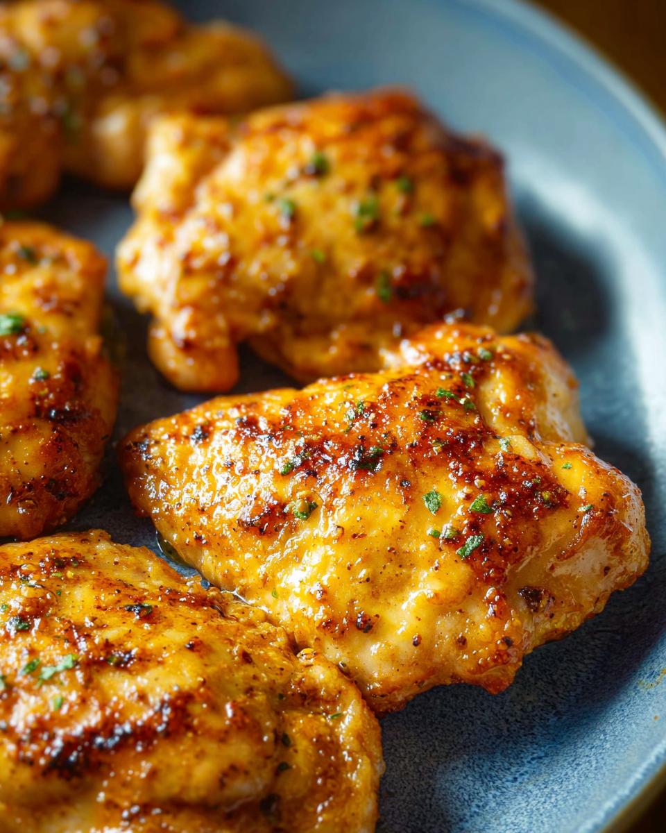 Close-up of perfectly baked juicy chicken thighs, seasoned and garnished with herbs.