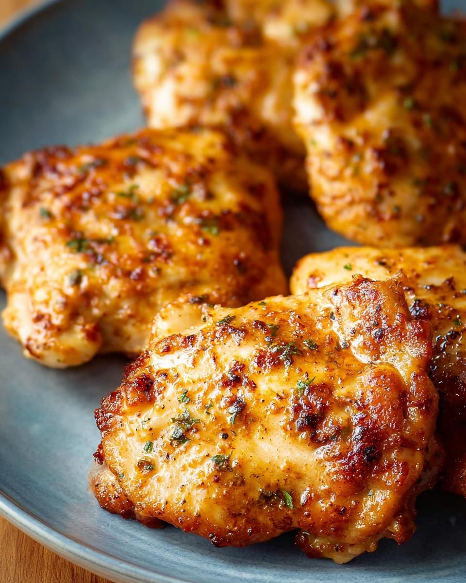 Close-up of perfectly baked juicy chicken thighs, seasoned and garnished with herbs, on a blue plate.