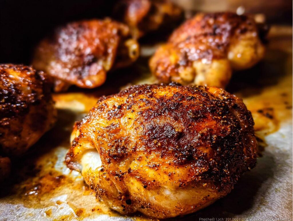 Close-up of perfectly baked chicken thighs with crispy, seasoned skin, showcasing the juicy texture.