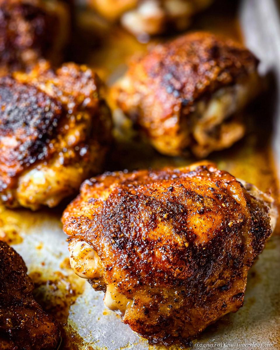 Close-up of perfectly seasoned and juicy baked chicken thighs on a baking sheet.