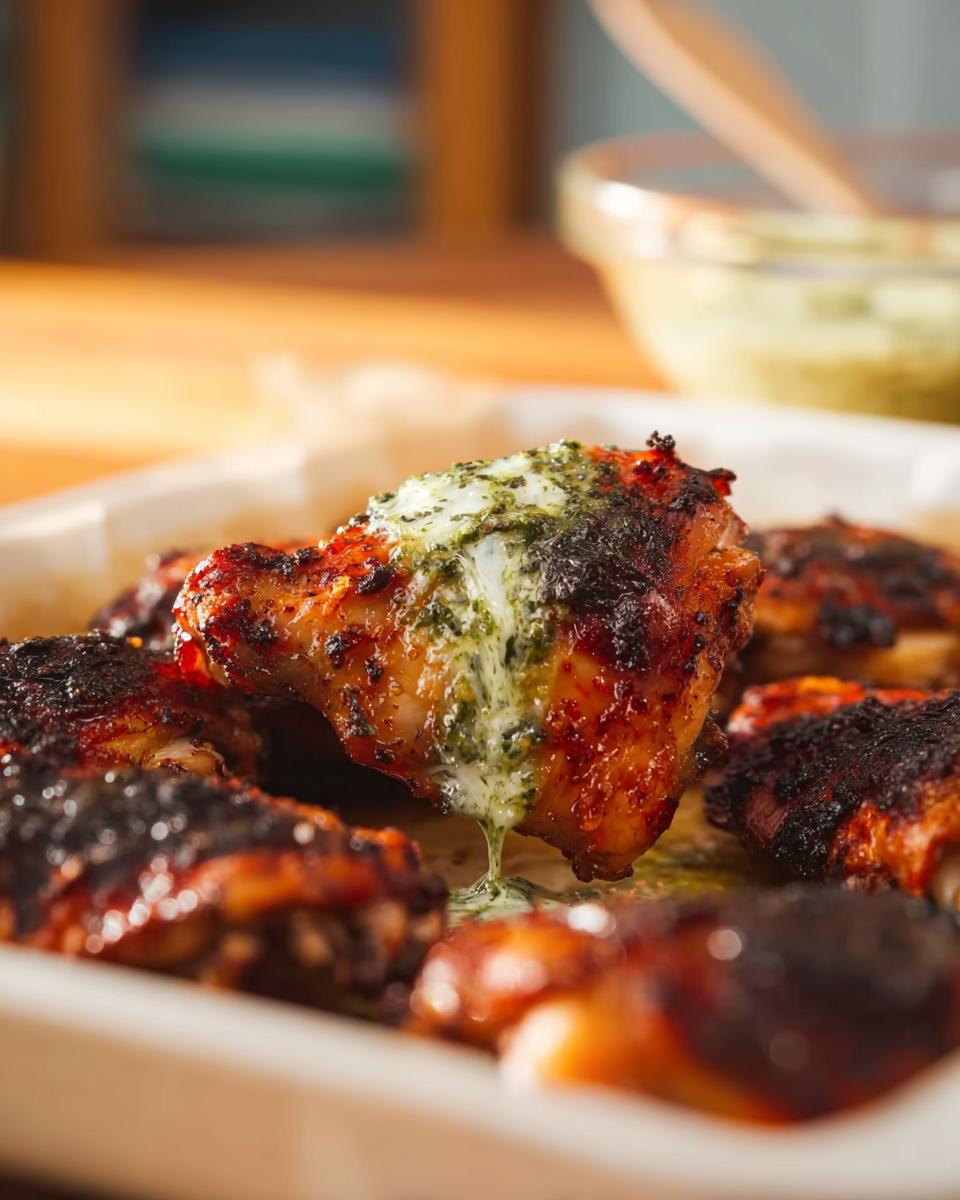 Close-up of a juicy baked chicken thigh with herb butter melting over it, part of a batch of chicken thigh recipes.