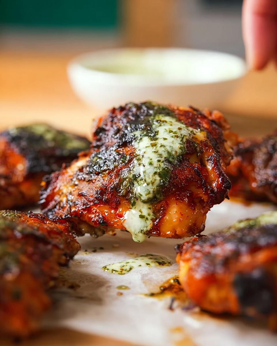 Close-up of juicy baked chicken thighs, drizzled with a green herb sauce, part of Chicken Thigh Recipes.