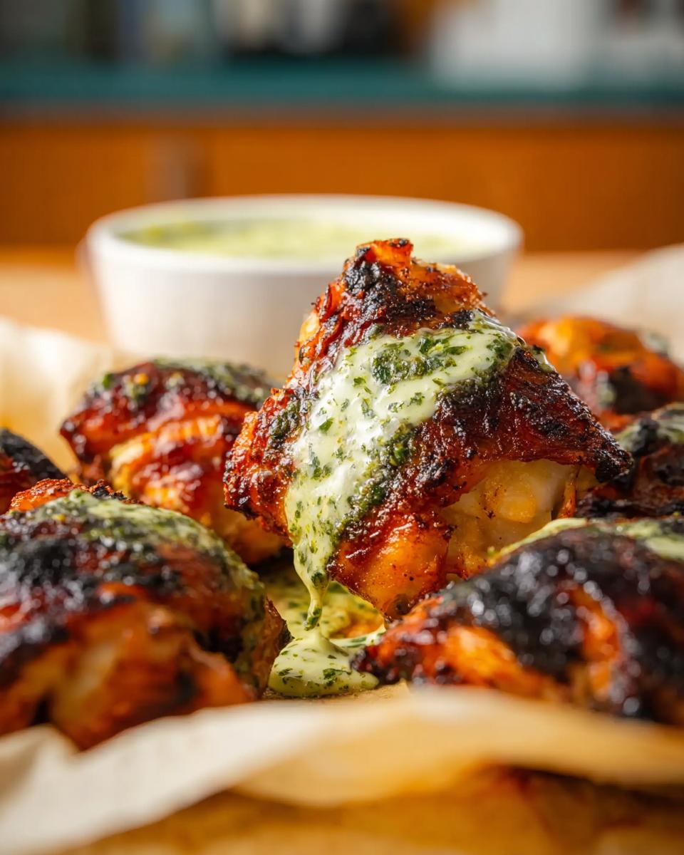 Close-up of juicy baked chicken thighs, drizzled with a vibrant green herb sauce.
