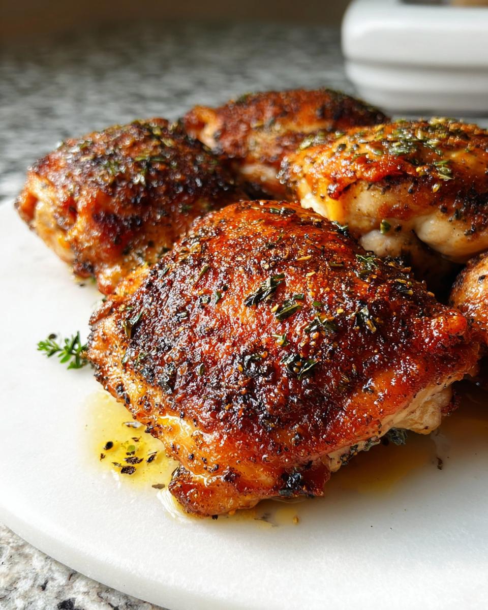 Close-up of perfectly baked chicken thighs, seasoned with herbs and spices, glistening with juices.