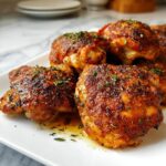 Close-up of perfectly baked chicken thighs, seasoned and garnished with herbs, ready to serve.