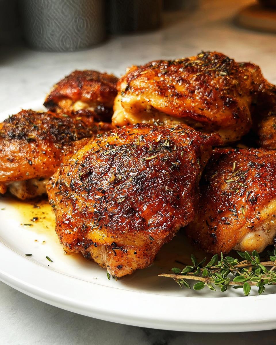 A plate of perfectly baked chicken thighs, seasoned with herbs and spices, showcasing a golden-brown crispy skin.