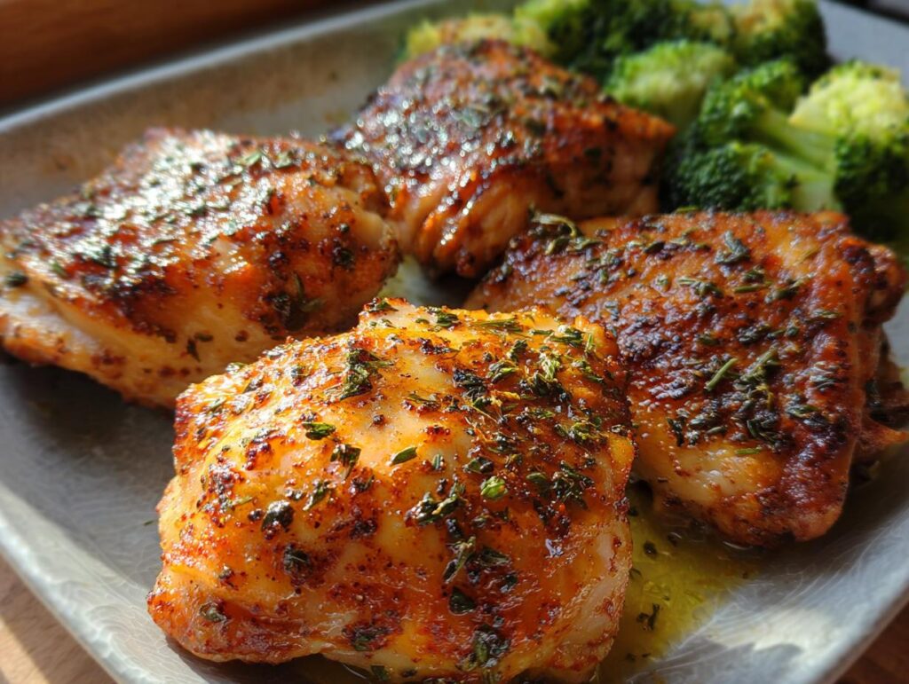 Close-up of four juicy baked chicken thighs seasoned with herbs, served with steamed broccoli.
