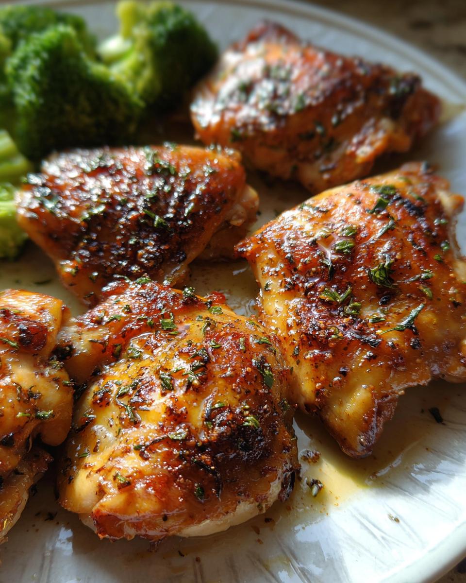 Close-up of juicy baked chicken thighs seasoned with herbs, served with steamed broccoli.