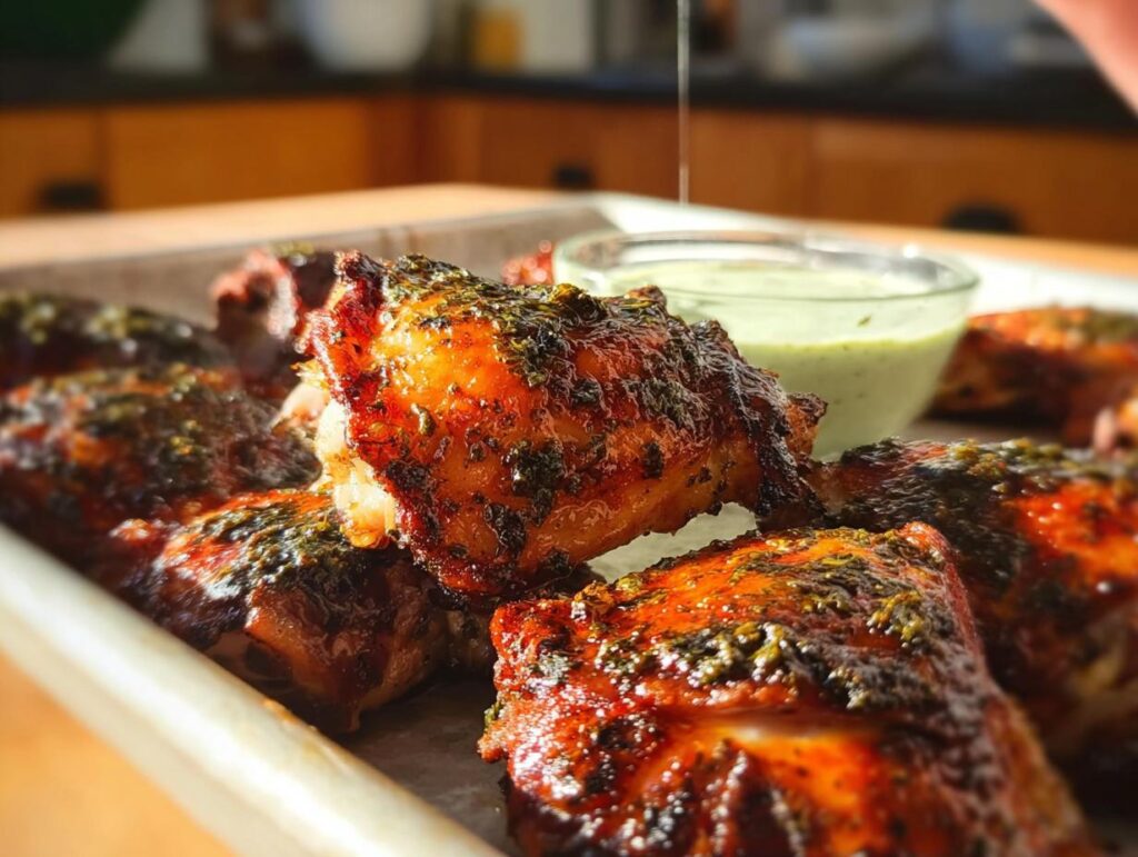 Close-up of juicy baked chicken thighs seasoned with herbs, served with a side of green sauce.
