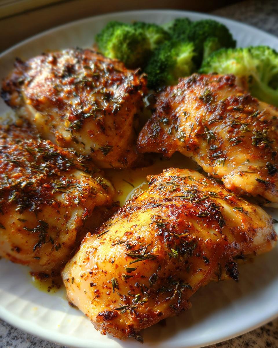 Four juicy baked chicken thighs seasoned with herbs and spices, served with steamed broccoli.