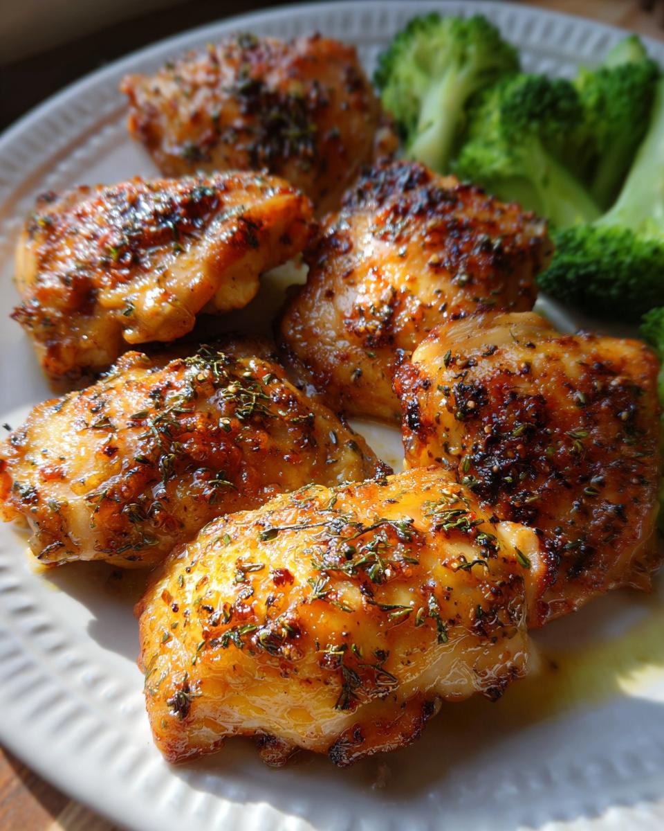 Close-up of juicy baked chicken thighs seasoned with herbs, served with steamed broccoli.