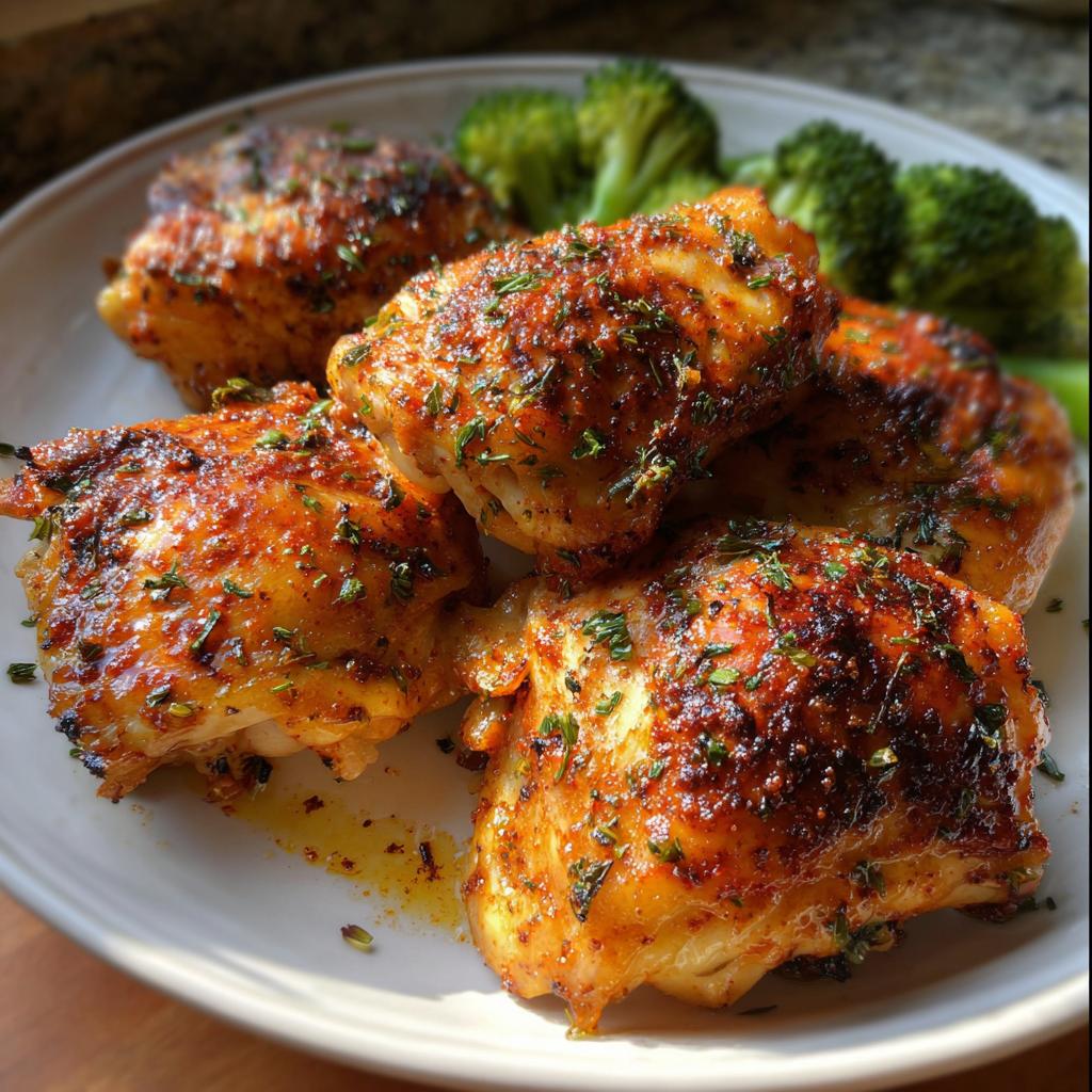 Close-up of juicy baked chicken thighs seasoned with herbs, served with steamed broccoli.