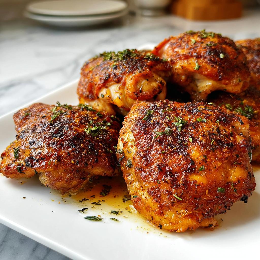 Close-up of perfectly baked chicken thighs, seasoned and garnished with herbs, ready to serve.