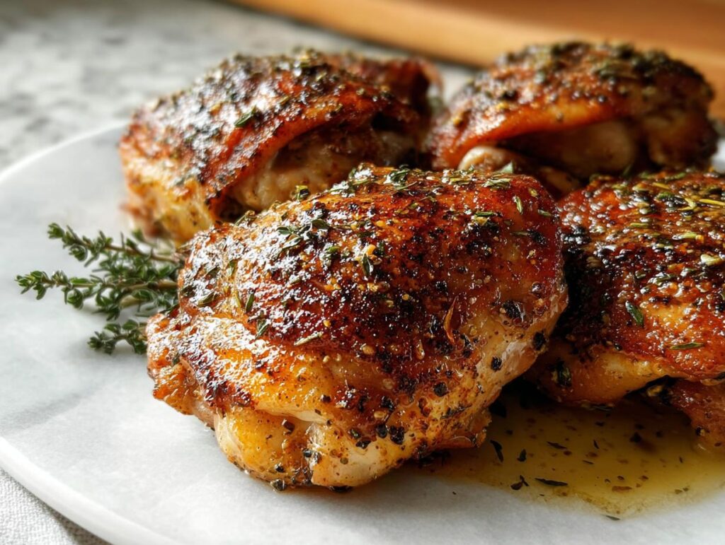 Four perfectly baked chicken thighs seasoned with herbs and spices, served on a white plate with fresh thyme.