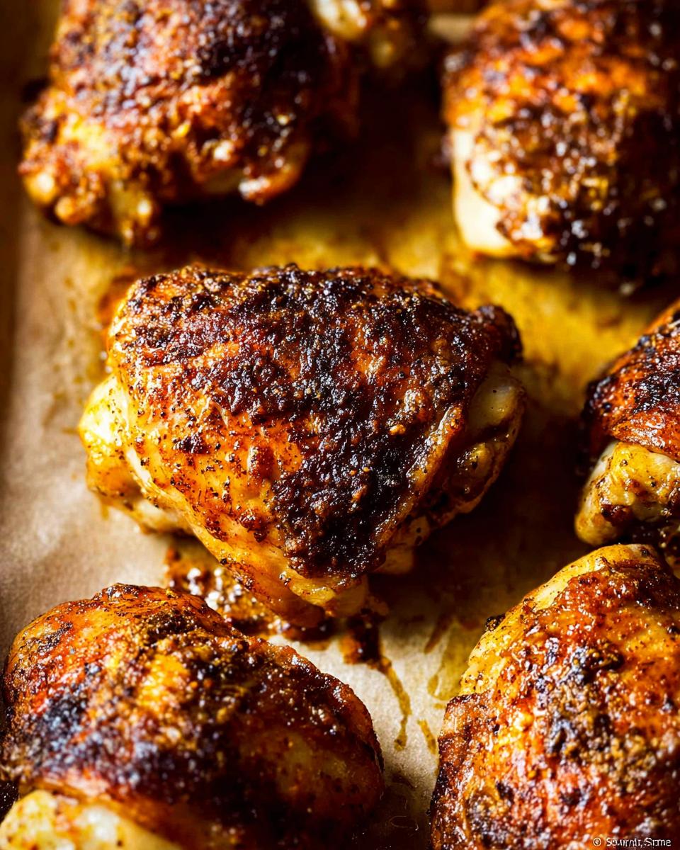 Close-up of perfectly baked chicken thighs with crispy skin and a flavorful spice rub.