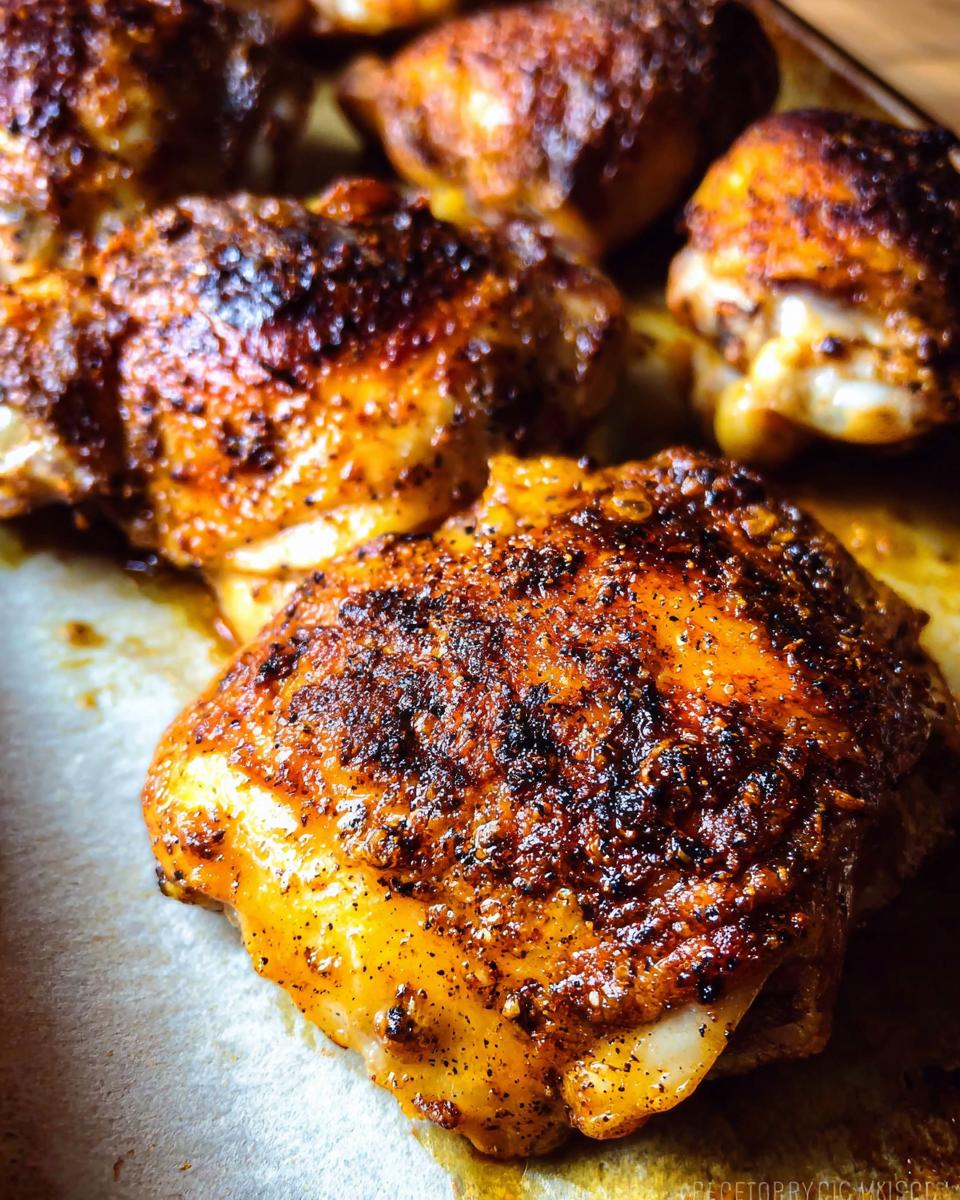 Close-up of perfectly baked chicken thighs, seasoned and browned, ready to serve.