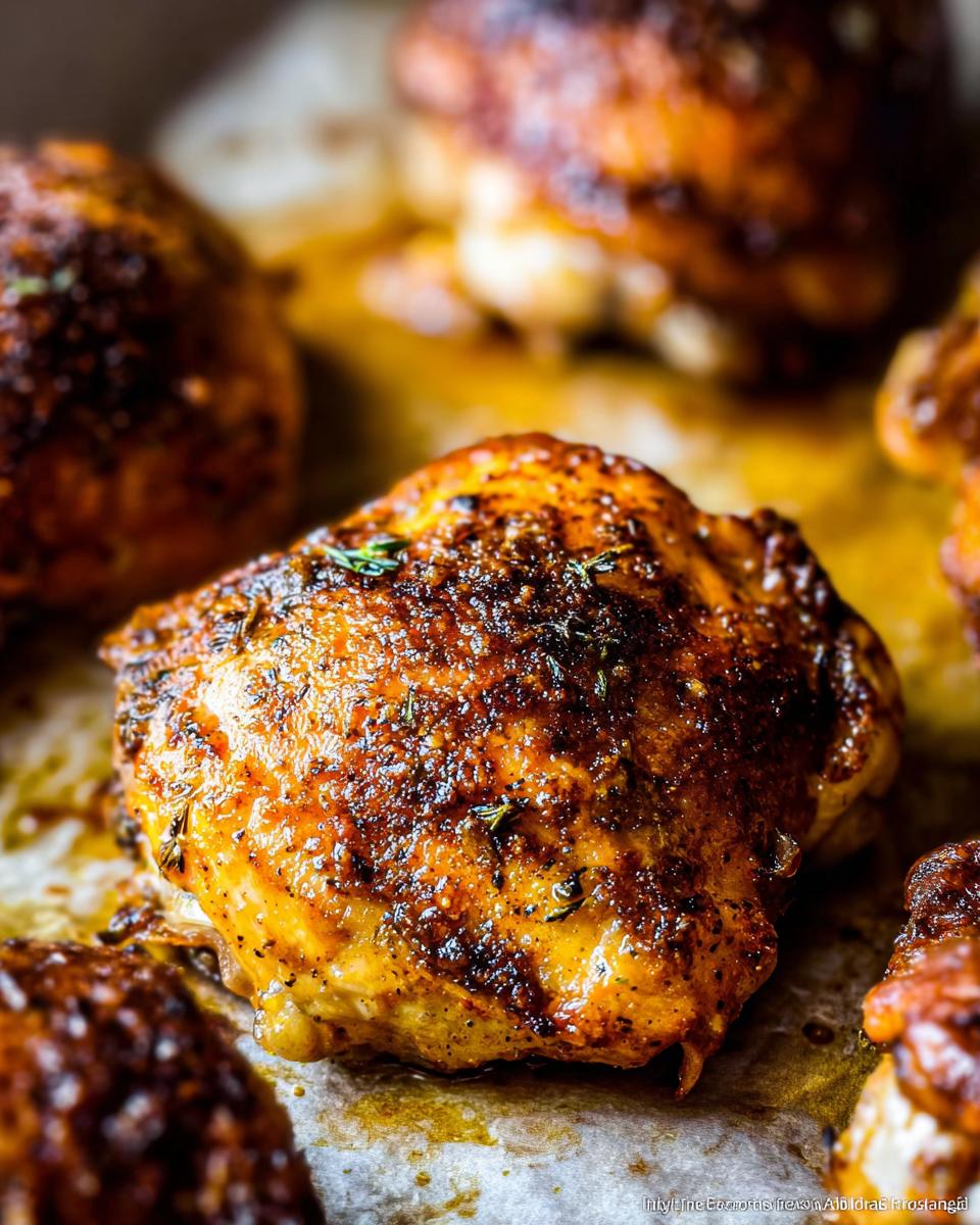 Close-up of perfectly baked, juicy chicken thighs seasoned with herbs and spices.