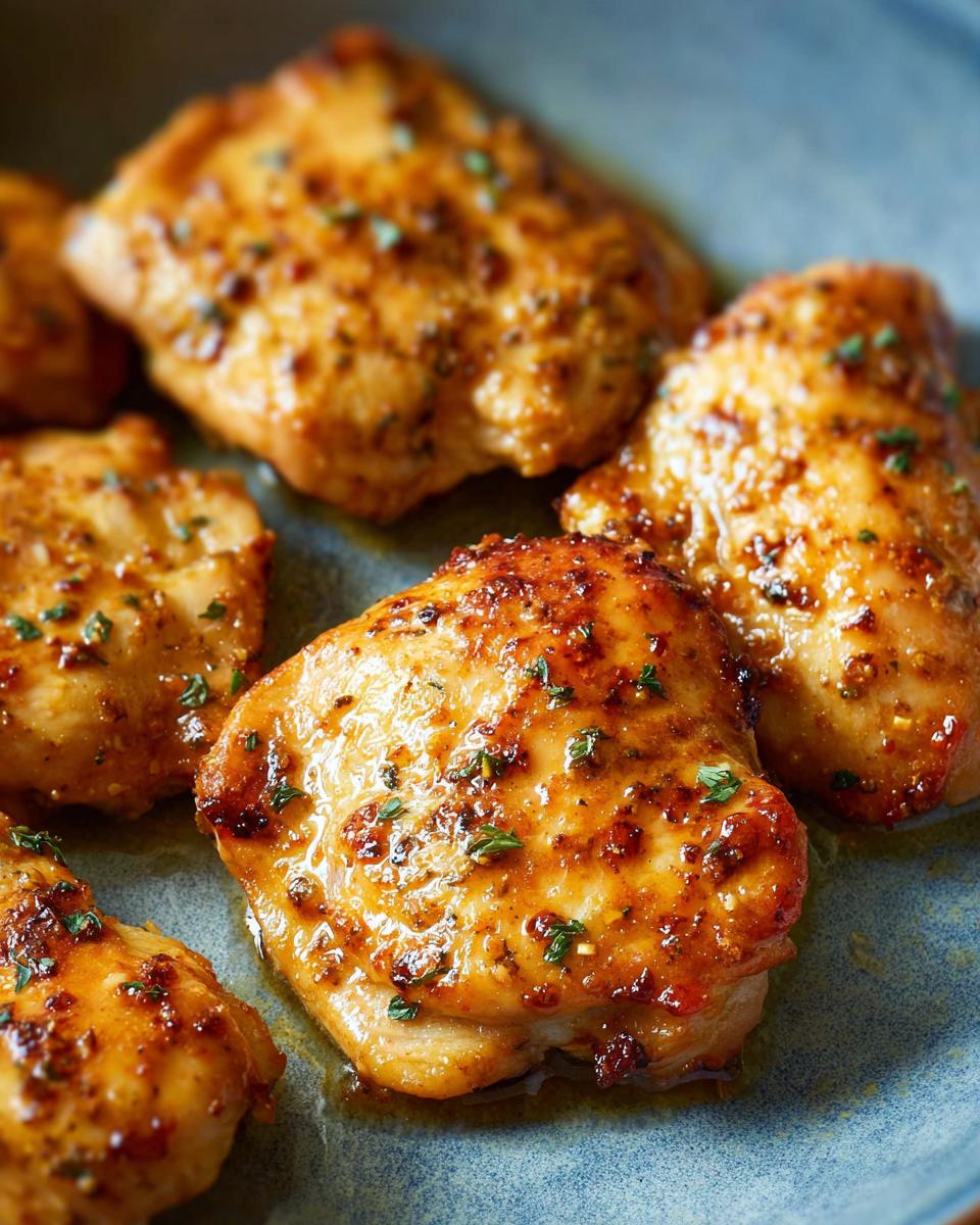 Close-up of juicy baked chicken thighs seasoned with herbs and spices, ready to be served.