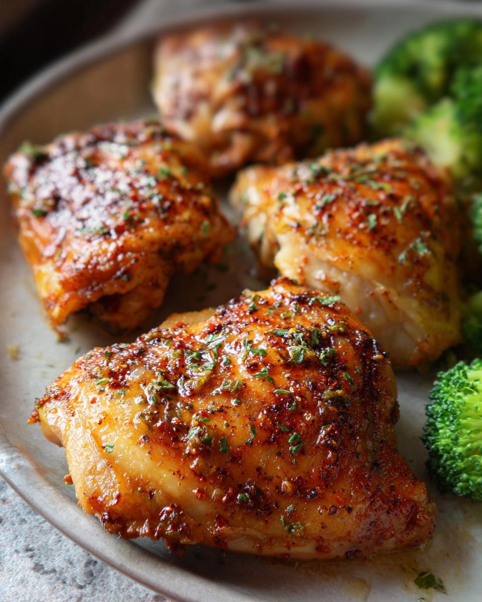 Close-up of juicy baked chicken thighs seasoned with spices and herbs, served with broccoli.