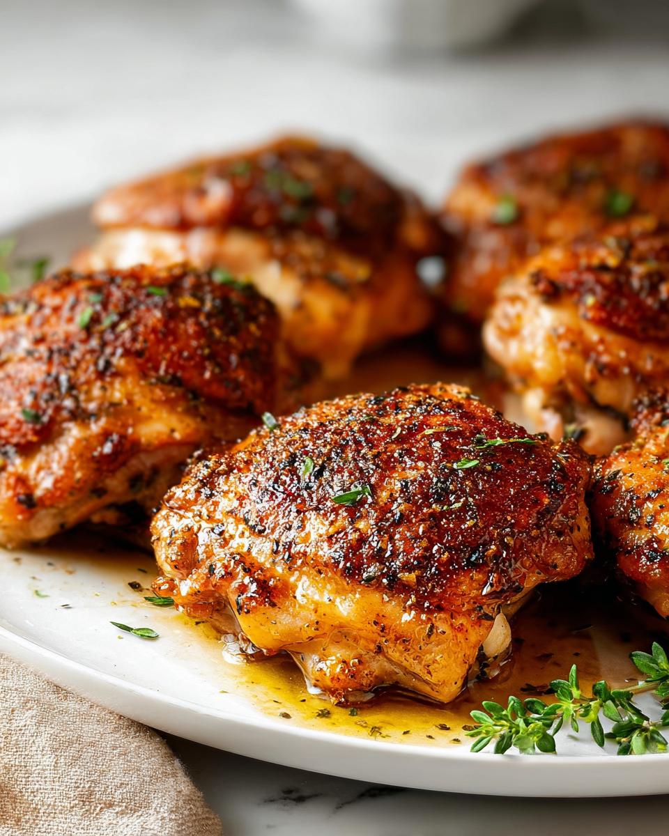 A close-up of perfectly baked chicken thighs, seasoned and glistening with juices, a delicious addition to chicken thigh recipes.