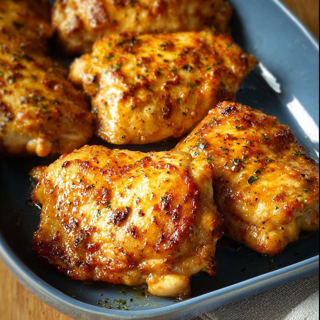 Close-up of perfectly baked, juicy chicken thighs seasoned with herbs in a blue baking dish.