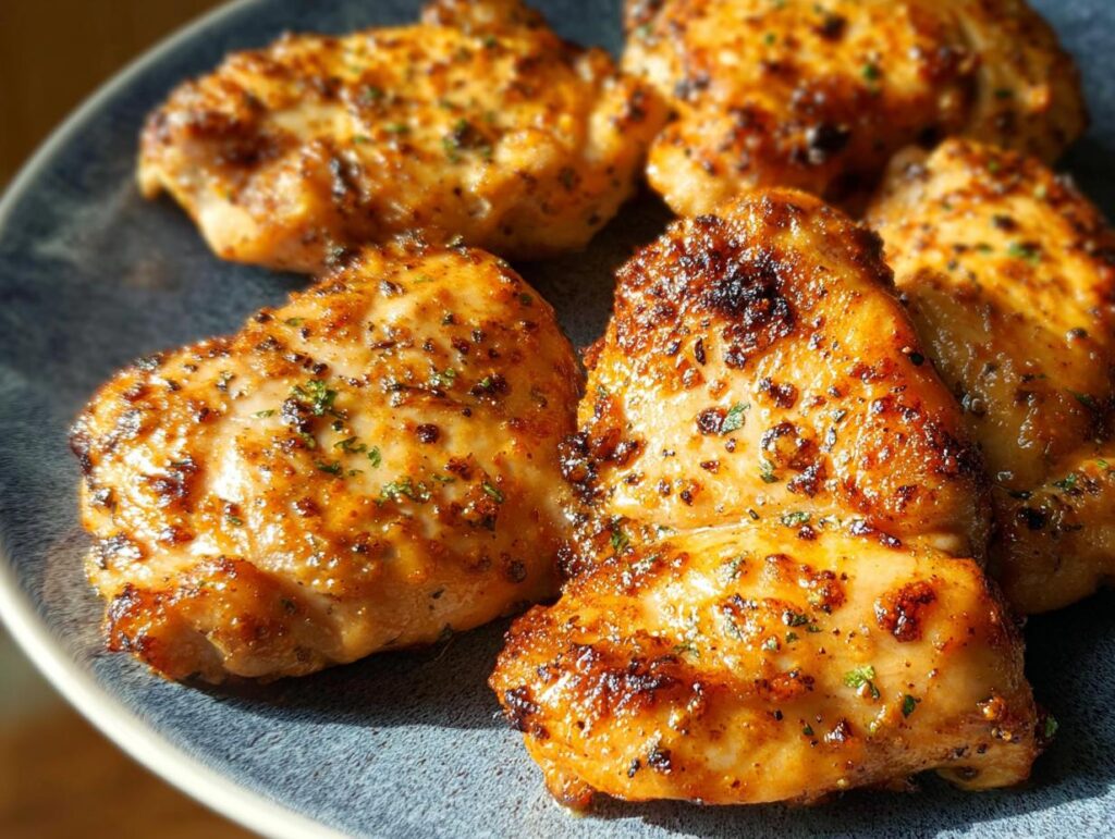 Close-up of perfectly baked chicken thighs, seasoned and golden brown, on a blue plate.