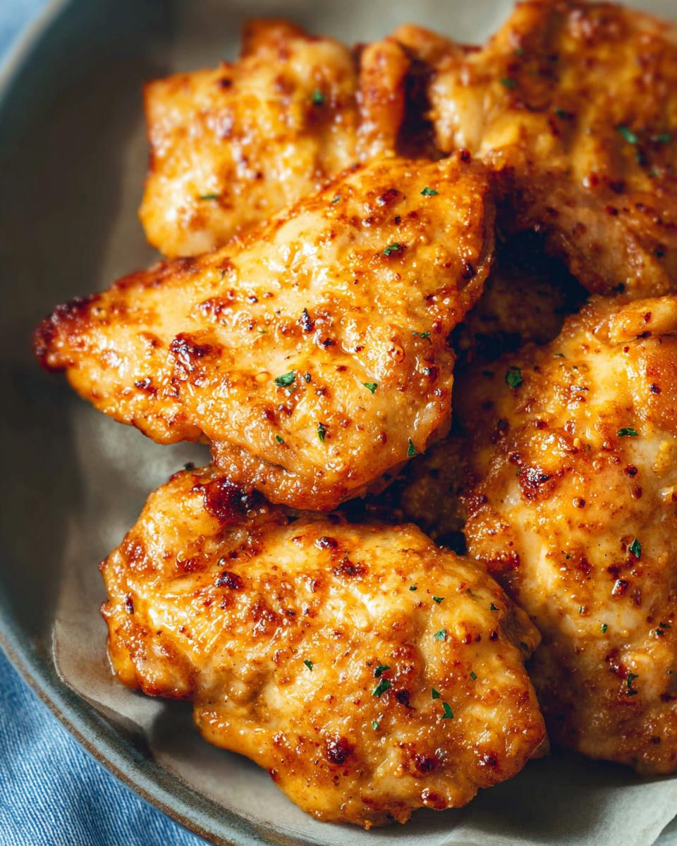 Close-up of juicy baked chicken thighs with a golden-brown, slightly crispy exterior, seasoned with herbs.