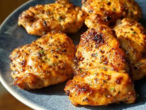 Close-up of perfectly baked chicken thighs, seasoned and golden brown, on a blue plate.