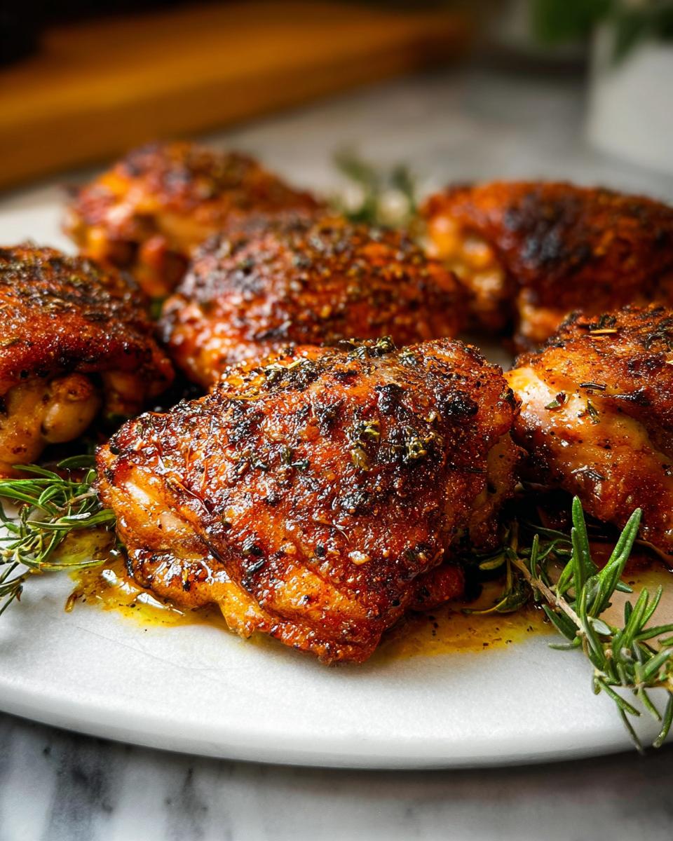 Close-up of perfectly baked chicken thighs, seasoned and garnished with rosemary.