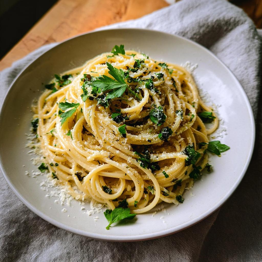 A close-up of spaghetti pasta tossed with fresh herbs and grated cheese, showcasing one of the best pasta recipes with fresh herbs.