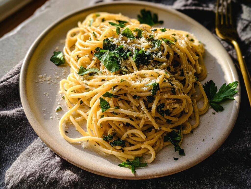 A close-up of spaghetti pasta tossed with fresh herbs and grated Parmesan cheese, a delicious pasta recipe with fresh herbs.