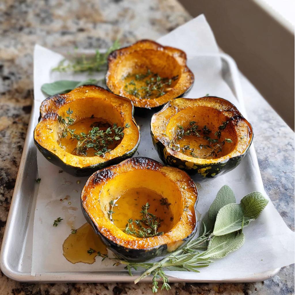 Four halves of roasted acorn squash, filled with a glistening glaze and fresh thyme, are arranged on a baking sheet. This is one of the top Thanksgiving side dishes.