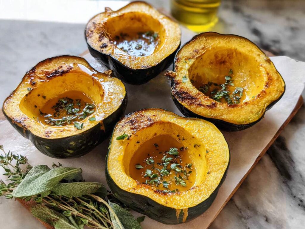 Four halves of roasted acorn squash, filled with a glistening glaze and sprinkled with fresh herbs, presented as a Thanksgiving side dish.