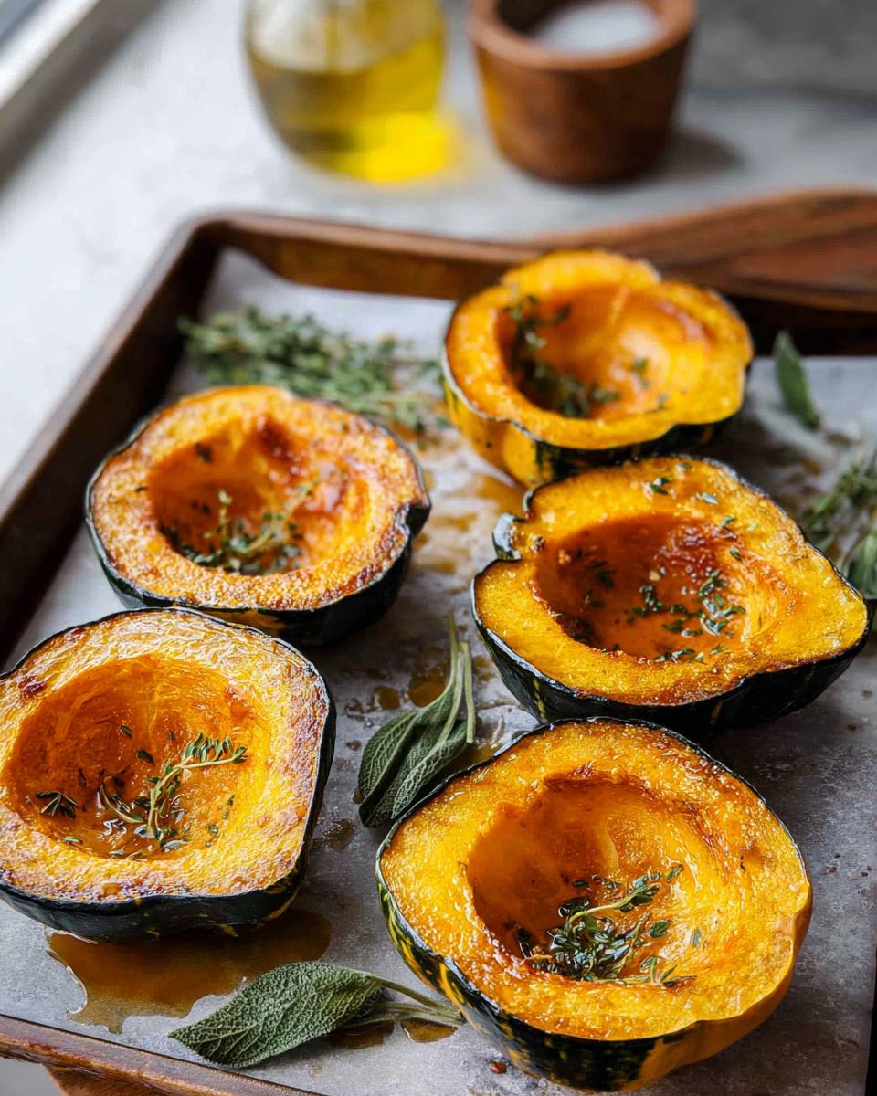 Close-up of roasted acorn squash halves, a perfect Thanksgiving side dish, seasoned with herbs.
