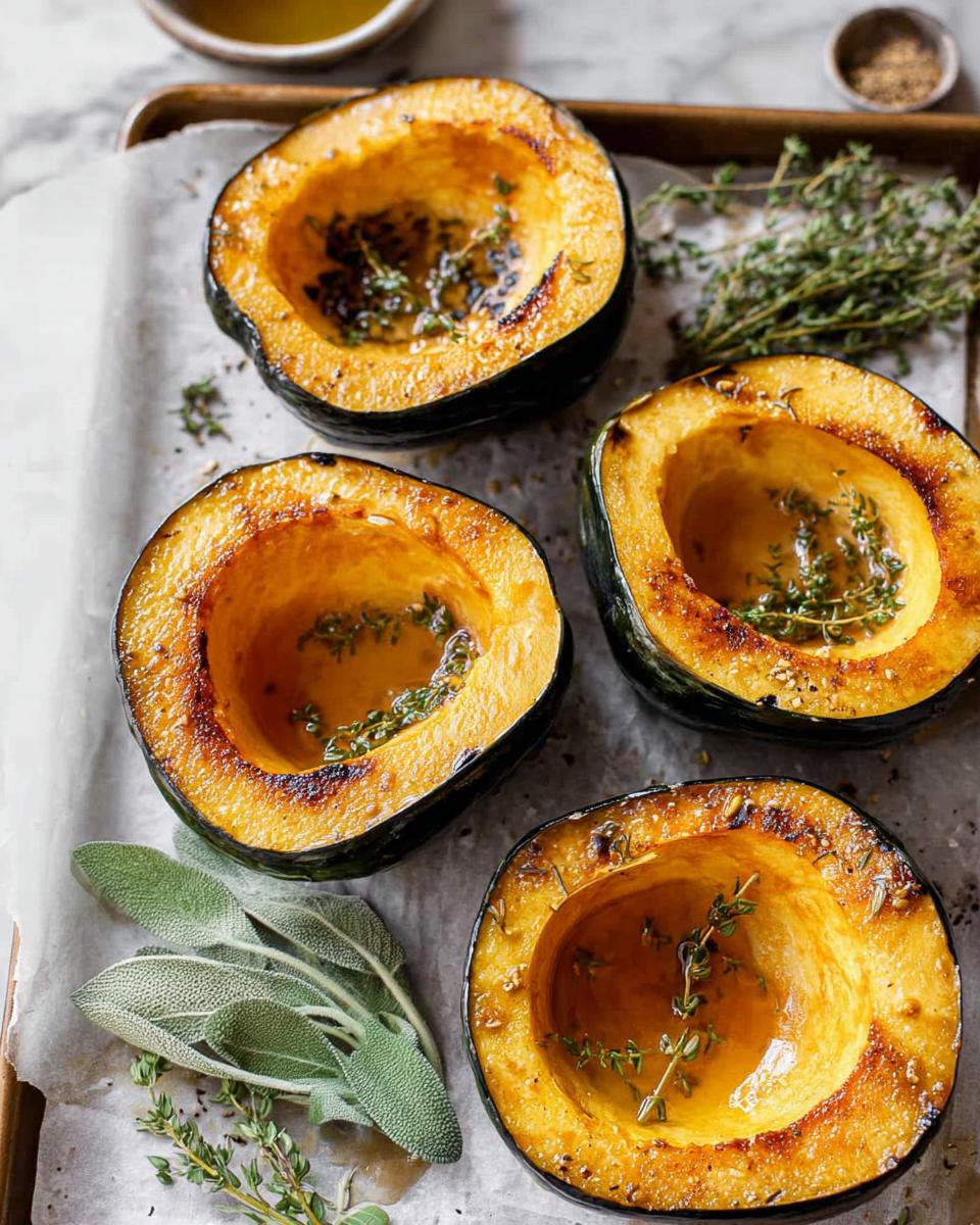 Four halves of roasted acorn squash, glistening with butter and herbs, presented as a delicious Thanksgiving side dish.