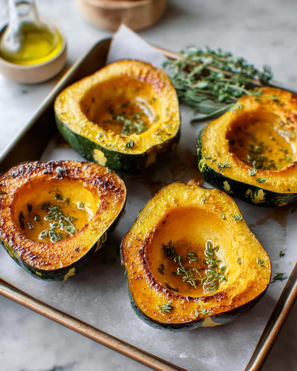 Four halves of roasted acorn squash, glistening with butter and herbs, on a baking sheet. A perfect Thanksgiving side dish.