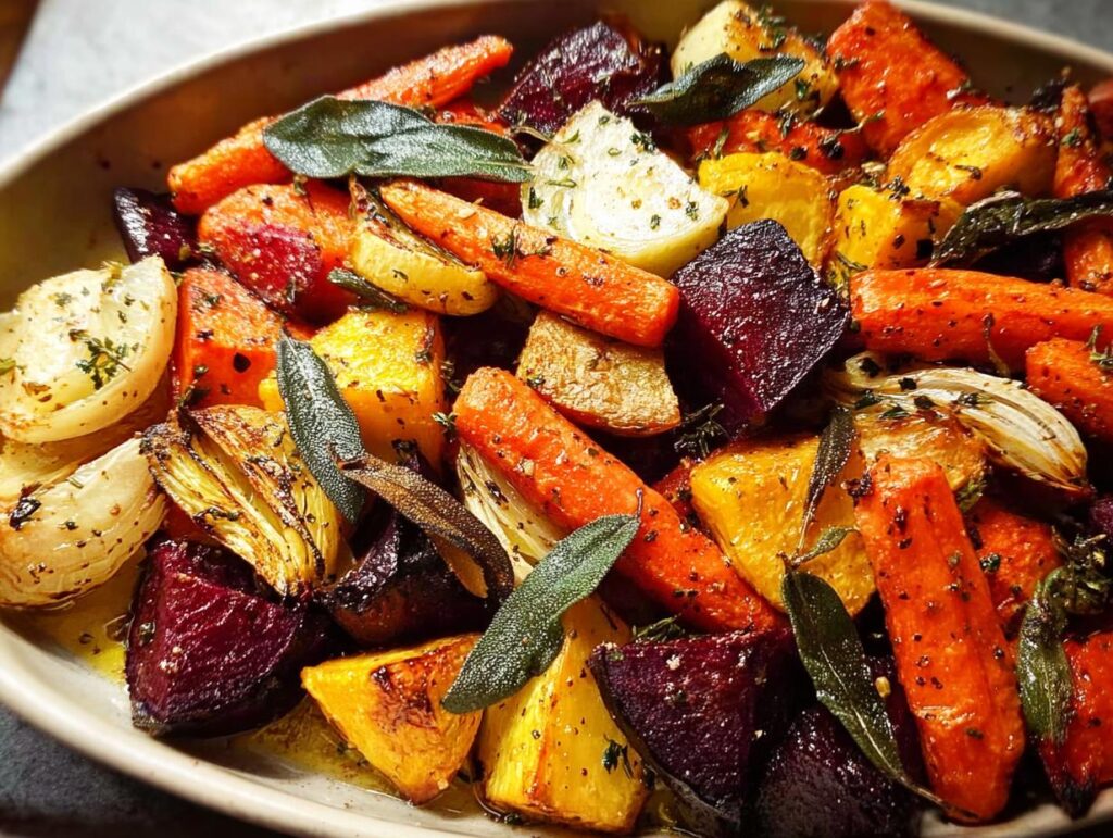 A close-up of a bowl filled with roasted root vegetables, including carrots, beets, and onions, seasoned with herbs.