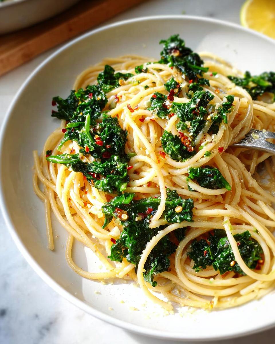 A bowl of spaghetti topped with sautéed kale and red pepper flakes, perfect for easy dinner recipes.