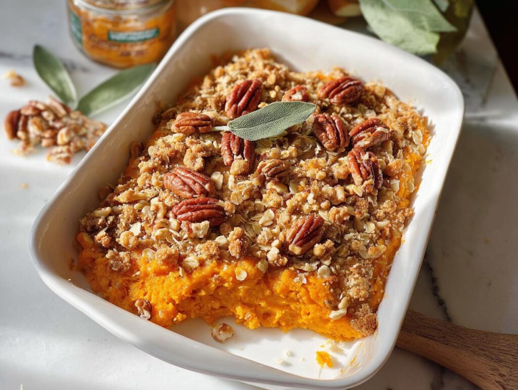 Close-up of a baked sweet potato casserole with a pecan and oat crumble topping, a festive Thanksgiving side dish.