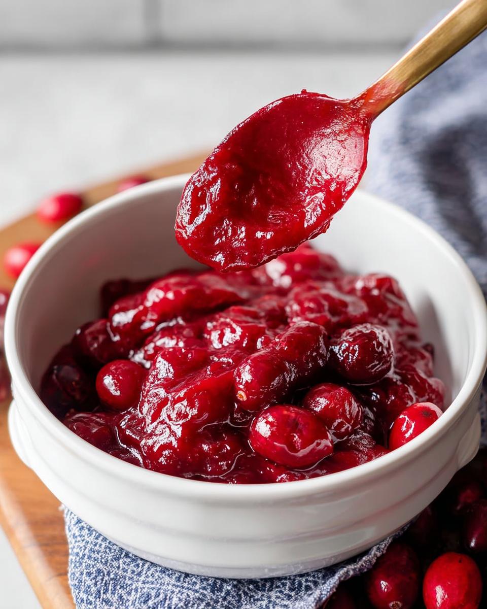 A spoonful of homemade cranberry sauce, a classic Thanksgiving side dish, being lifted from a white bowl.