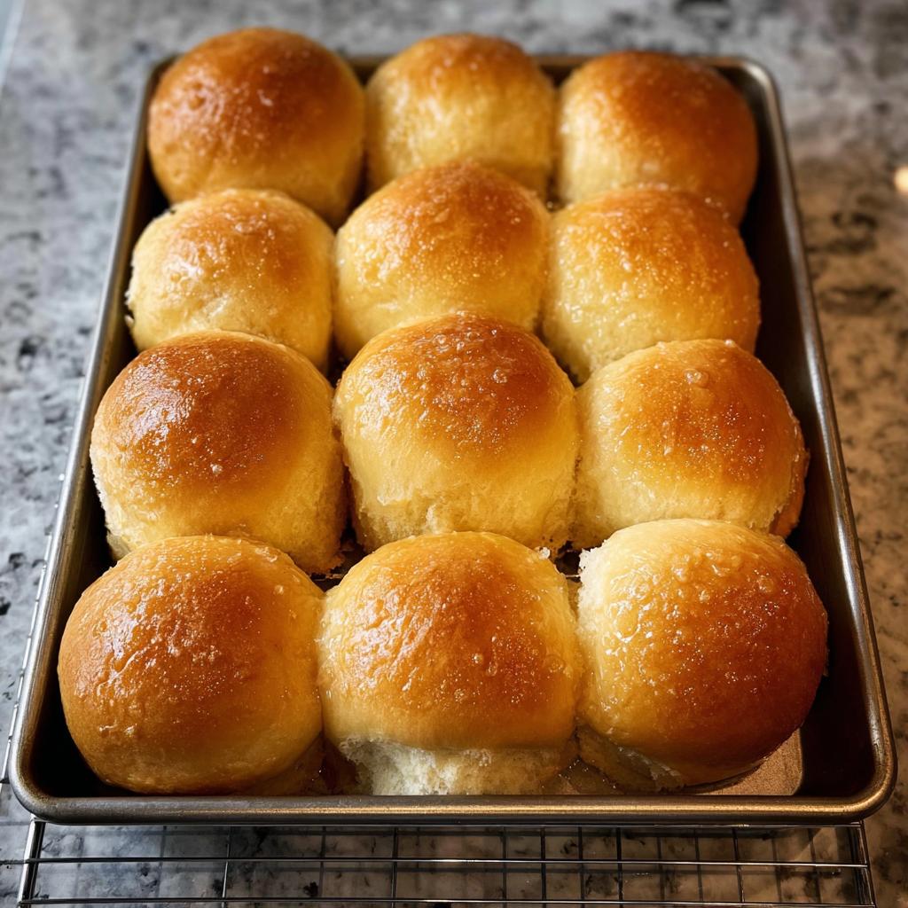 A baking pan filled with golden brown, fluffy Thanksgiving dinner rolls, glistening with butter.