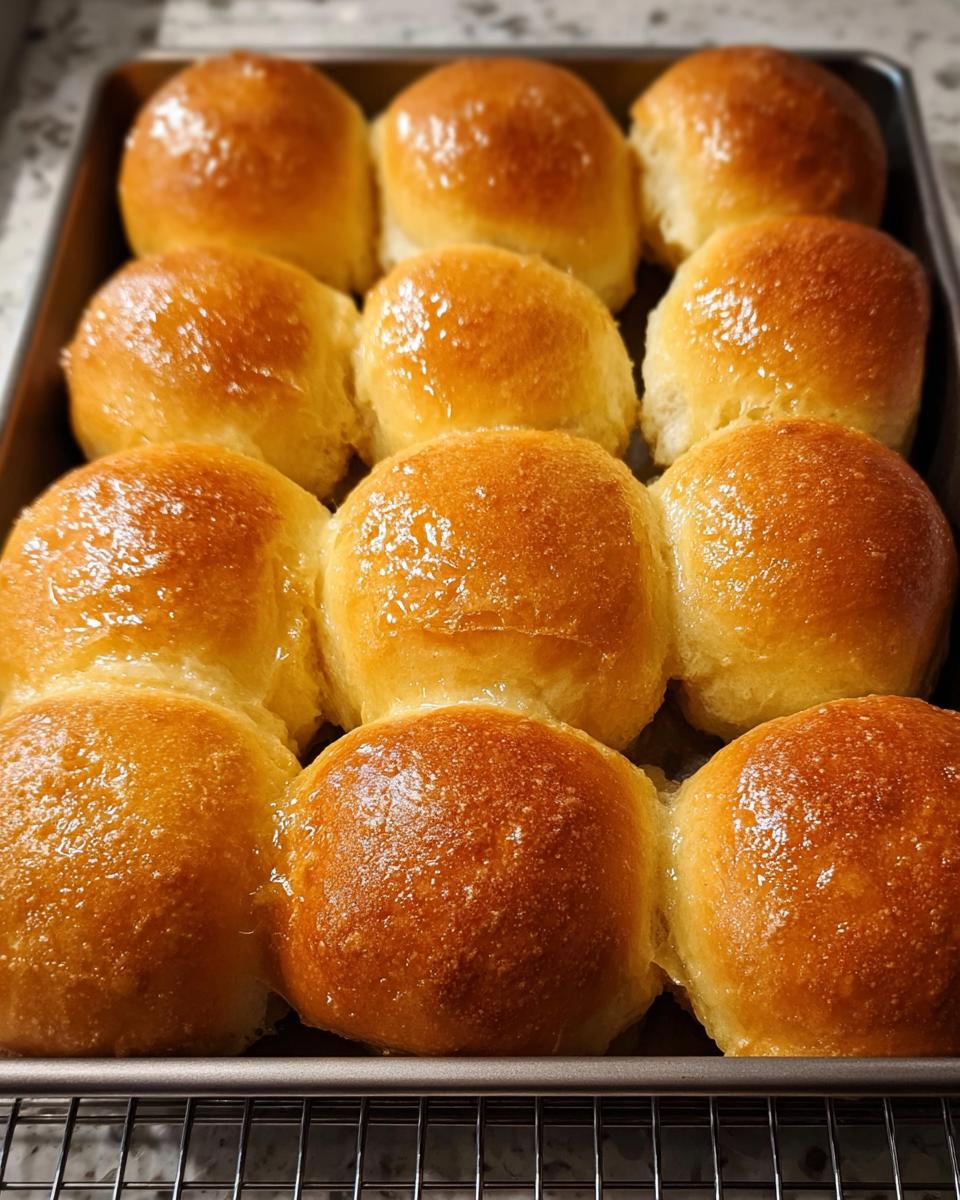 A pan of freshly baked, golden brown Thanksgiving rolls brushed with butter, a craveable side dish.
