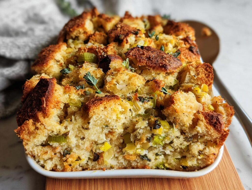 Close-up of a golden-brown bread stuffing, a classic Thanksgiving side dish, with visible leeks and herbs.