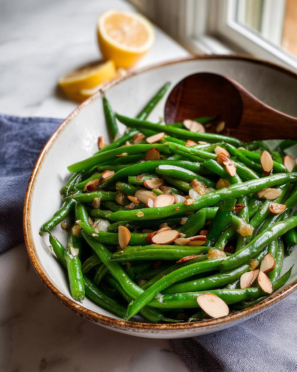 A close-up of a bowl of fresh green beans with toasted almonds, a perfect Thanksgiving side dish.