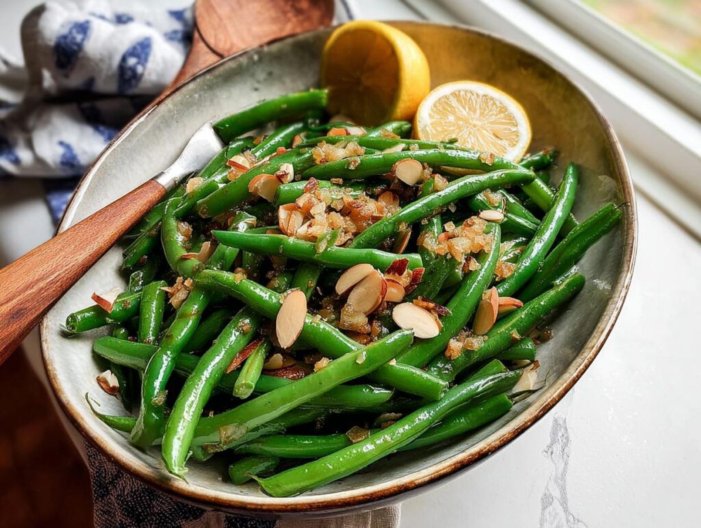A bowl of tender green beans topped with toasted almonds and crispy shallots, a perfect Thanksgiving side dish.