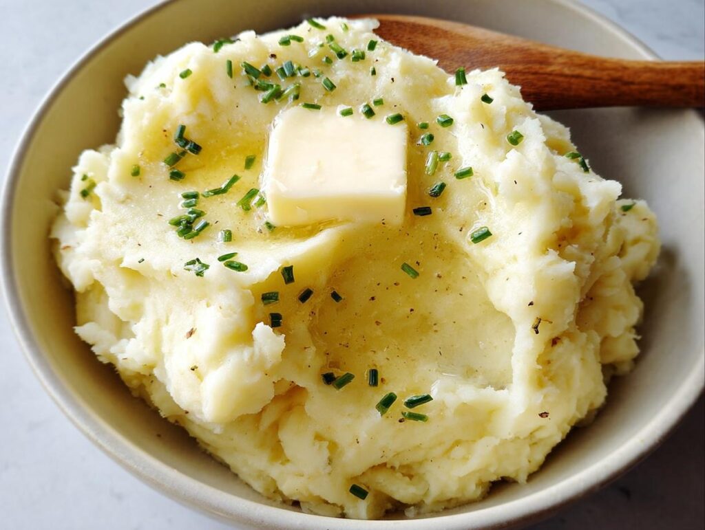 Close-up of creamy mashed potatoes topped with melted butter and chives, a perfect Thanksgiving side dish.