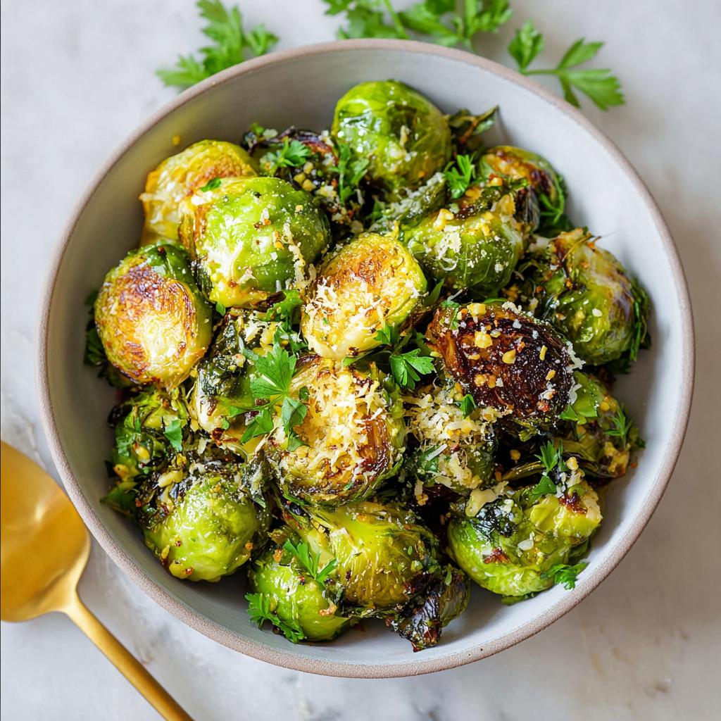 Close-up of a bowl of roasted Brussels sprouts, seasoned with Parmesan and herbs, a perfect Thanksgiving side dish.